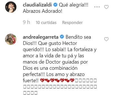 "¡Qué alegría! ¡Abrazos, adorado!", señaló Claudia Lizaldi. Por su parte, Andrea Legarreta refirió: "¡Bendito sea Dios! ¡Qué gusto, Héctor querido! ¡Lo sabía! La fortaleza y amor a la vida de tu papá y las manos de doctor guiadas por Dios es una combinación perfecta. Los amo. Abrazo fuerte".