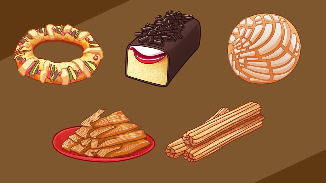También puede haber conchas, panecitos, churros, tamales y hasta rosca de reyes.
