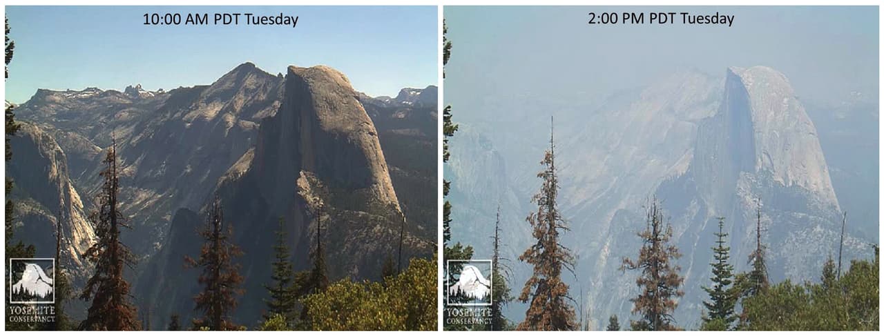 El parque permaneció abierto el miércoles, pero varios caminos frecuentados por turistas estaban cerrados. Estas imágenes proporcionadas por Yosemite Conservancy muestran la evolución del humo del 'Fuego de Detwiler' sobre el Half Dome, dentro de la reserva forestal.