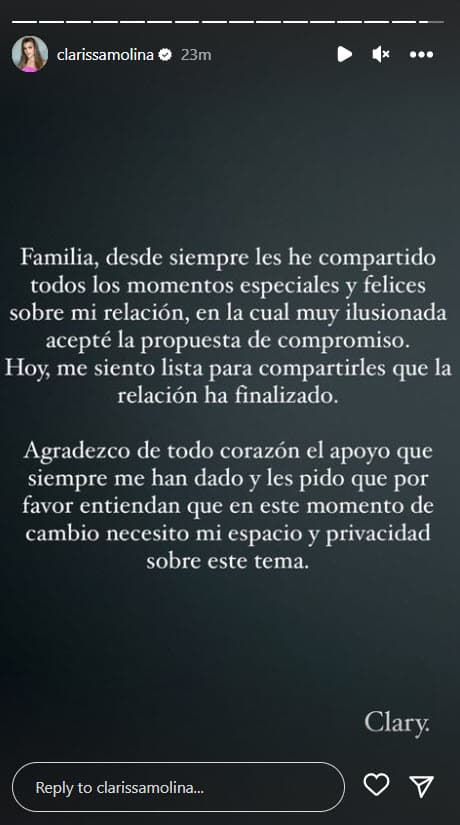 Clarissa Molina confirma su ruptura con Vicente Saavedra, su exprometido.
