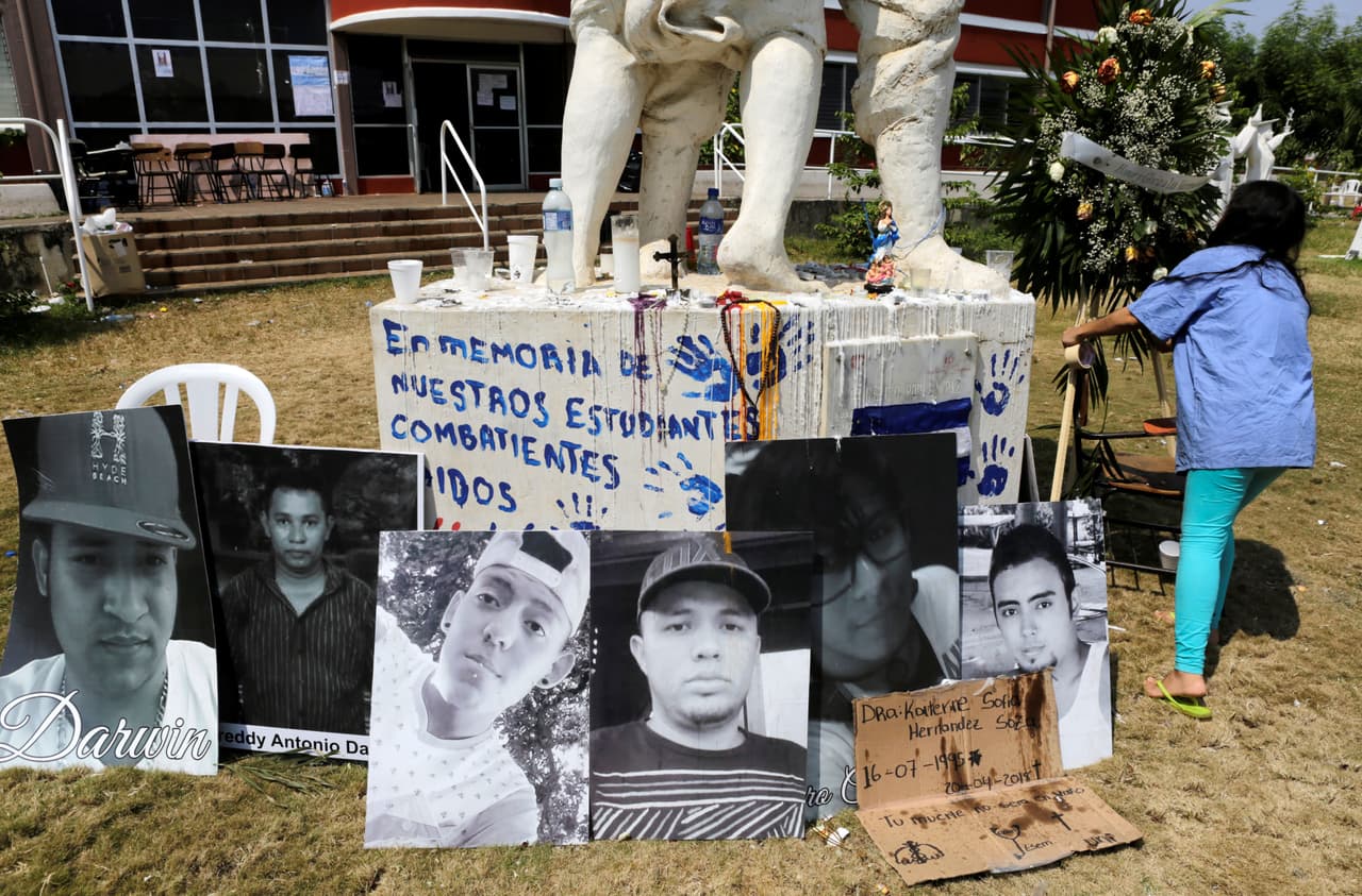 Pictures of students killed during the recent protests, on display at the Polytechnic University in Managua, on April 27, 2018. - Nicaragua was hanging on to the prospect of talks to calm anti-government sentiment behind a week of protests in which at least 37 people died, according to rights groups. (Photo by INTI OCON / AFP) / TO GO WITH AFP STORY by BLANCA MOREL (Photo credit should read INTI OCON/AFP/Getty Images)