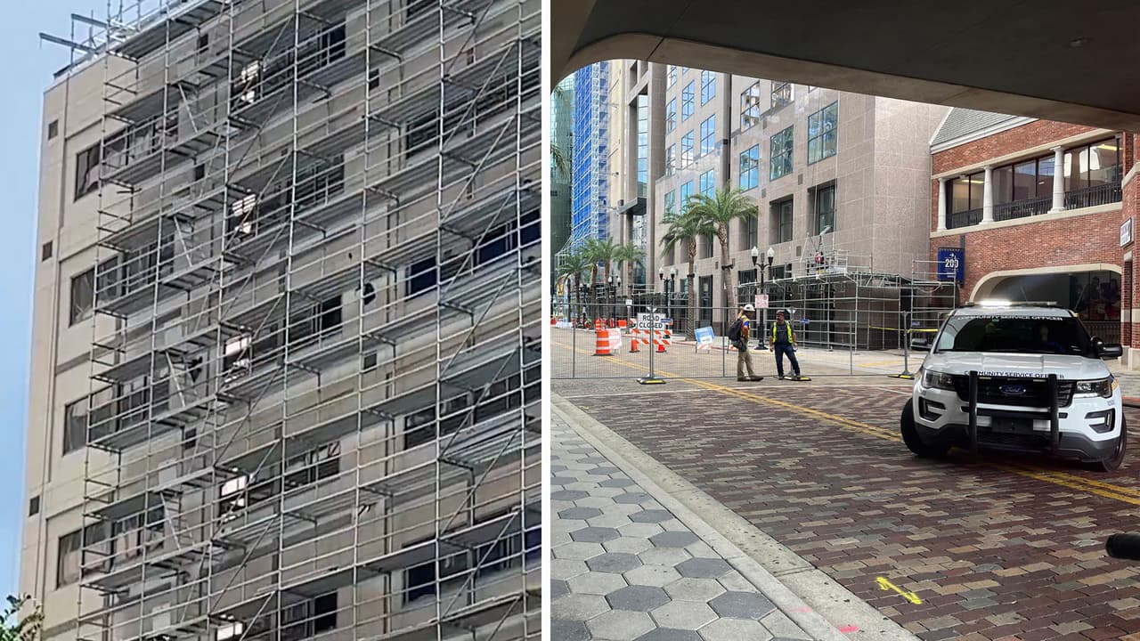 Continúa cerrada parte de Orange Avenue en el centro de Orlando por andamios inestables 