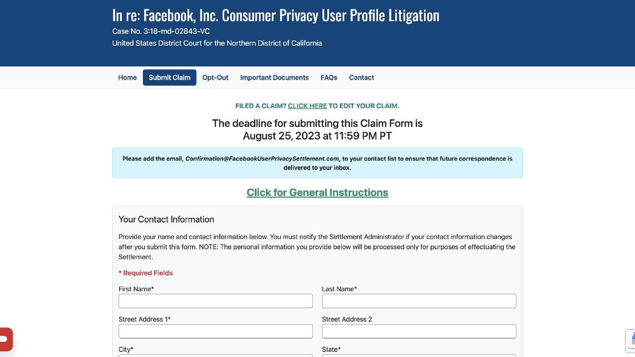 <h2 class="cms-H2-H2">¿Cómo reclamar la indemnización?</h2>
<br>Para poder reclamar una parte, lo único que debes hacer es ingresar a la página 
<a href="https://facebookuserprivacysettlement.com/#" target="_blank">facebookuserprivacysettlement.com</a> antes del 25 de agosto y completar el 
<a href="https://facebookuserprivacysettlement.com/#submit-claim" target="_blank">formulario</a> con tus datos personales y confirmar que has sido o fuiste usuario de Facebook entre las fechas mencionadas.