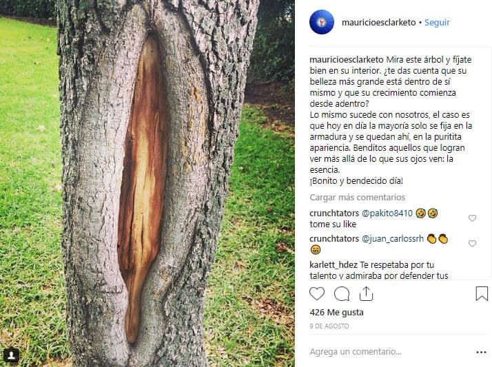 Fue en agosto de 2018 cuando el conductor compartió la primera imagen del tronco donde ahora asegura se ha aparecido la madre de Dios, sin embargo en ese momento no mencionó alguna revelación ni el nombre de la virgen.