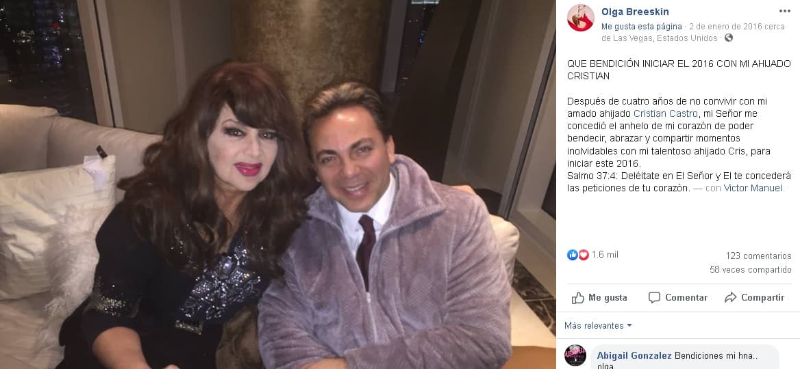 Con Cristian Castro
<b>estuvo distanciada</b> algún tiempo, pero en el 2014 se reencontraron. Sin embargo, la violinista ha tenido sus momentos incómodos con él, como cuando en la primavera de 2017 él se casó con su hoy tercera exesposa,
<b><a href="https://www.univision.com/entretenimiento/cristian-castro-se-caso-por-tercera-vez-y-sin-la-presencia-de-sus-padres">Carol Victoria Urban</a></b> y no invitó a Breeskin.