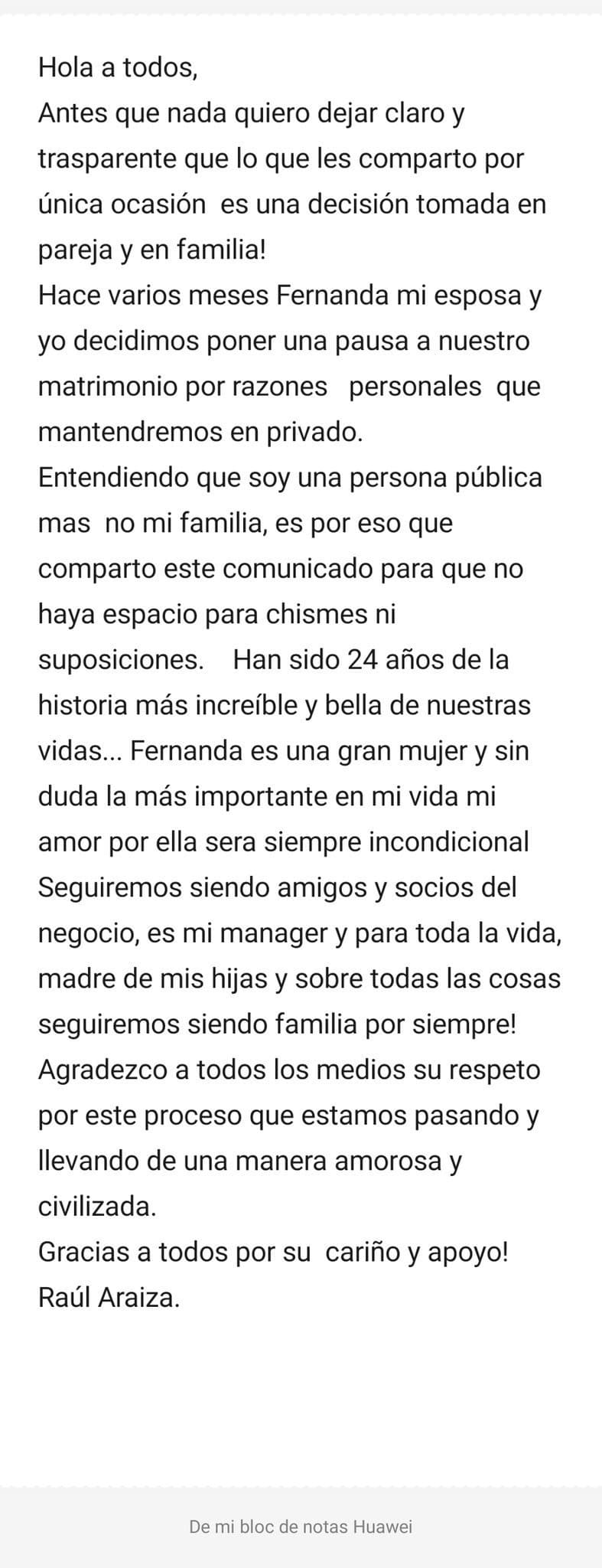 <a href="https://twitter.com/negroaraiza2/status/1179032994541121536/photo/1" target="_blank">En su cuenta de Twitter</a>, el conductor de Hoy escribió: "Antes que nada, quiero dejar claro y transparente que lo que les comparto por única ocasión es una decisión tomada en pareja y en familia". 
<br>