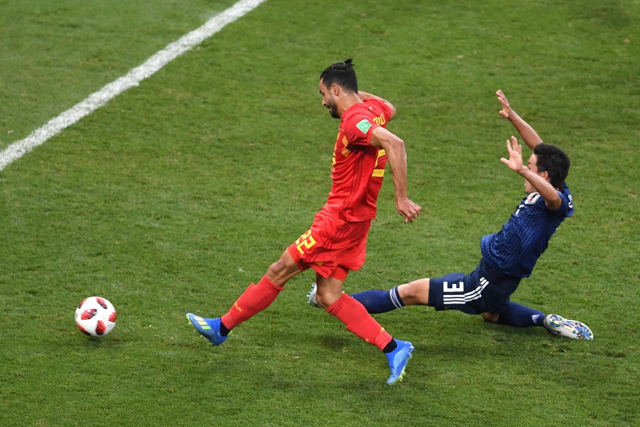 143. Nacer Chadli (Bélgica) anota después del contragolpe al 90'+4. Bélgica 3-2 Japón.