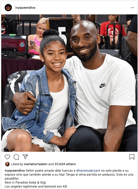 "Tengo el alma partida en pedazos", expresó la reggaetonera Ivy Queen, quien pidió por fortaleza para Vanessa Bryant, viuda del jugador.