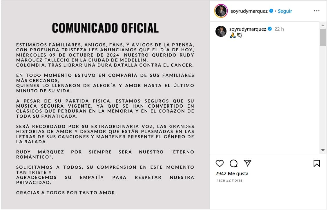 Familiares de Rudy Márquez comunicaron su muerte.