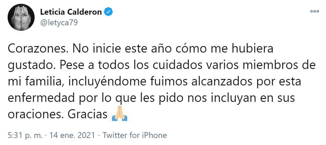 Calderón terminó su mensaje pidiendo a sus seguidores que "los incluyan en sus oraciones".
<br>