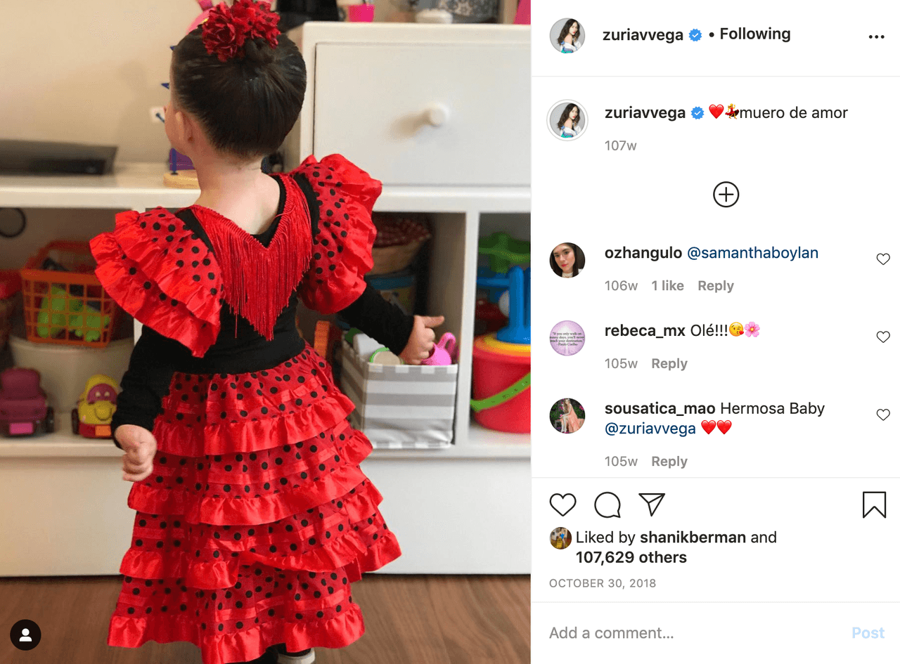 La fotografía de Luka es similar a la que Zuria publicó el 30 de octubre en su cuenta de Instagram, en la que Lúa Guerra Vega es la protagonista luciendo un vestido de flamenco.