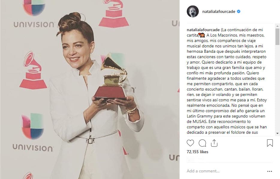 Natalia publicó una carta de agradecimiento tras ganar el Latin GRAMMY como Mejor Álbum Folklórico y dedicó unas líneas a Maluma.