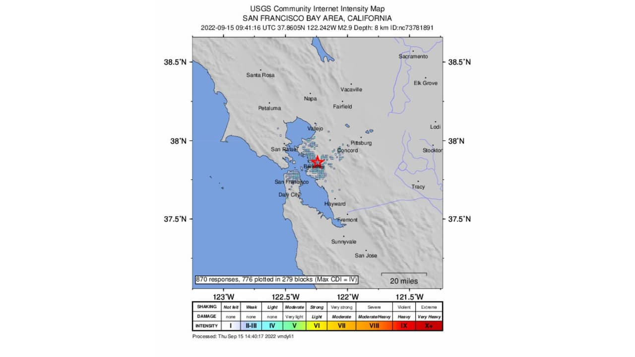 Mapa de intensidad proporcinado por el Servicio Geológico de los Estados Unidos.