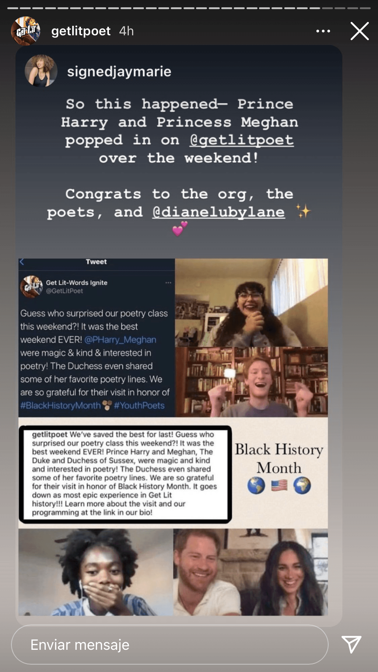 Los participantes fueron jóvenes entre los 13 a 19 años que aspiran a ser poetas. En las capturas de pantalla que publicó la organización en Instagram, se les ve asombrados ante la participación de los Sussex.