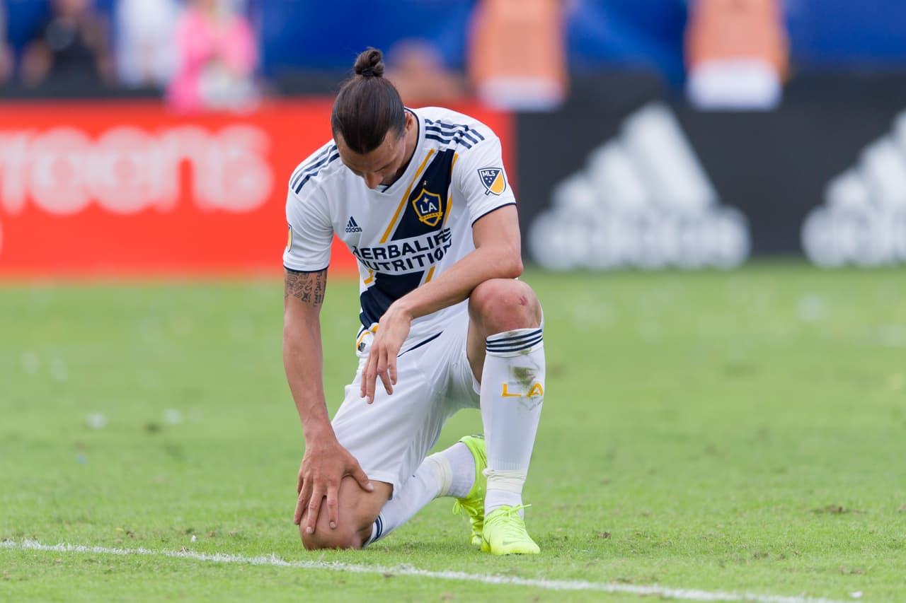 Oct 28, 2018; Carson, CA, USA; Los Angeles Galaxy forward Zlatan Ibrahimovic (9) reacts during the second half against the Houston Dynamo at StubHub Center. Mandatory Credit: Kelvin Kuo-USA TODAY Sports