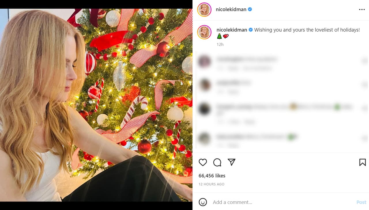 "¡Te deseo a ti y a los tuyos las mejores fiestas!", fue el breve mensaje que publicó 
<b>Nicole Kidman</b> en Instagram.