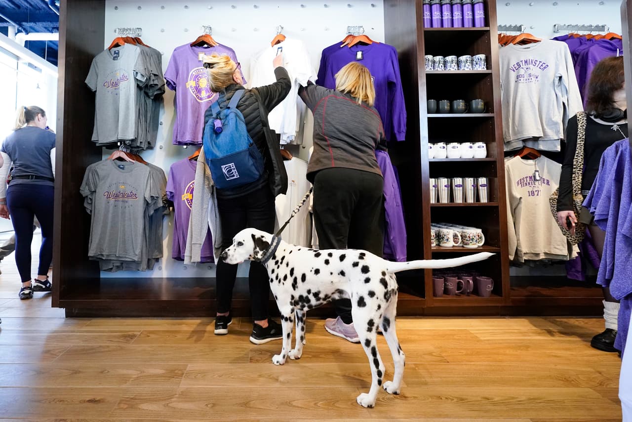 Unas mujeres compran ropa mientras el dálmata Kipper espera y mira a los otros perros que participan del Westminster Kennel Club.