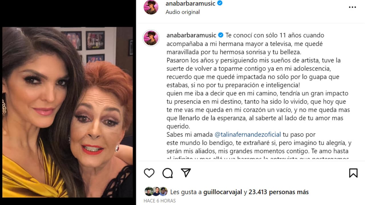 Ana Bárbara dedicó una emotiva carta a Talina Fernández tras la repentina muerte de la presentadora.