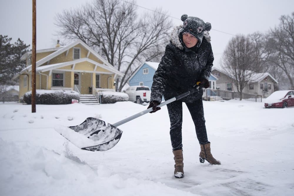 Wendy Lacina paleaba el camino de entrada de su casa con la ayuda de un vecino este lunes en Valley Junction, Iowa. El Servicio Meteorológico Nacional dijo que 
<a href="https://twitter.com/NWS/status/1353839577765736450?s=20" target="_blank">se esperan al menos 4 pulgadas (10 centímetros) de nieve</a> en la mayor parte de una zona que se extiende desde el centro de Kansas hasta el noreste de Chicago y el sur de Michigan. Partes del sureste de Nebraska y el oeste de Iowa podrían recibir más del triple de esa cantidad para el martes por la mañana.