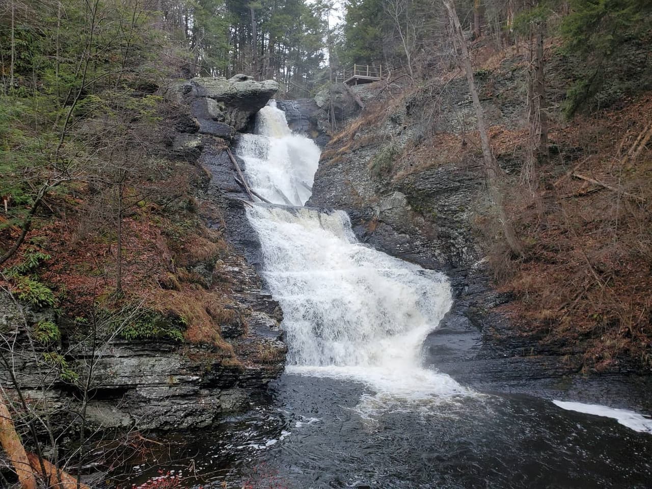 <b><a href="https://www.nps.gov/dewa/planyourvisit/raymondskill-creek-trail.htm" target="_blank">Raymondskill Falls</a>: </b>Considerada por el Servicio de Parques Nacionales como "la cascada más alta de Pensilvania" con 178 pies, esta se encuentra en el noreste de Pensilvania en el Área Recreativa Nacional Delaware Water Gap.