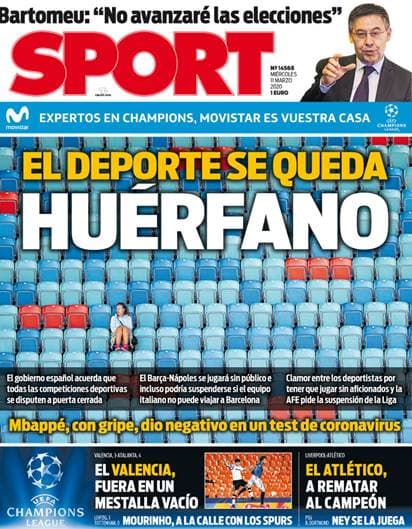 La prensa en el mundo deportivo reacciona ante la inminente crisis que se vive a causa del COVID-19 ¡Así las portadas en los diarios deportivos más importantes!