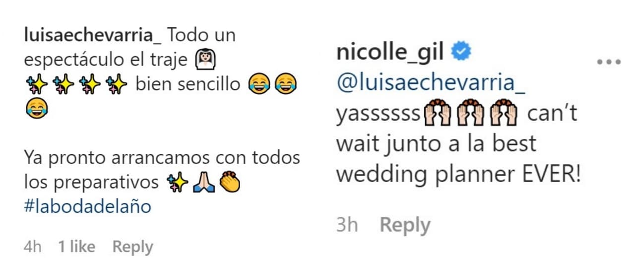La organizadora de bodas, Luisa Echevarría, comentó la publicación y adelantó que "ya pronto arrancamos con todos los preparativos". Nicolle contestó que no puede esperar.
<br>