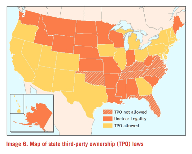 Mapa de leyes sobre la propiedad compartida de paneles en diferentes estados.