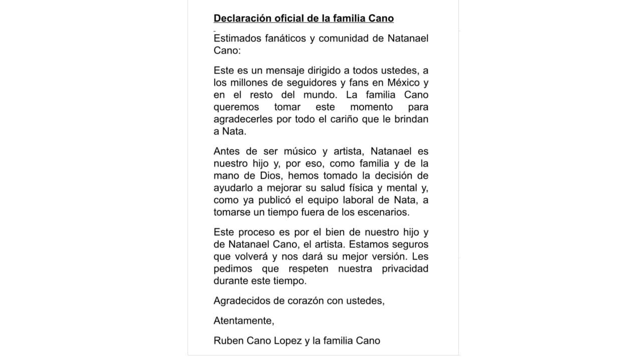 Comunicado de la familia Cano sobre el retiro temporal de Natanael.