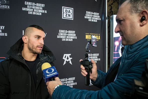 NEW YORK, NY - DECEMBER 11: David Lemieux speaks to the Press during the Canelo vs. Rocky Grand Arrival/Welcome party at Ainsworth Chelsea on December 11, 2018 in New York City. (Photo by Bill Tompkins/Getty Images)