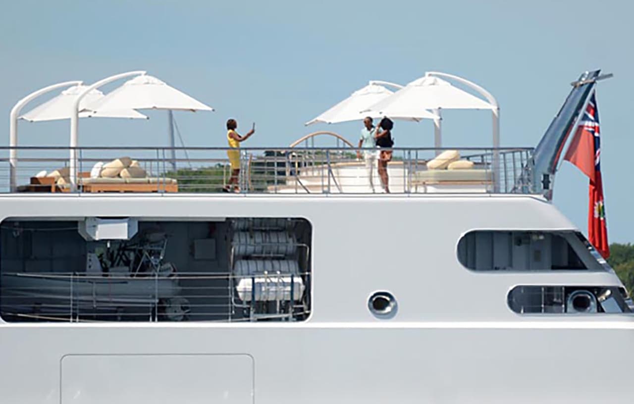 Photo © 2017 Zuma Press/The Grosby Group EXCLUSIVE Moorea, April 14, 2017. Former U.S. President Barack Obama takes a holiday photo of his wife, Michelle, as she poses on the top deck of the 138 meter Rising Sun yacht where the couple and celebrity friends spent the morning off the Island of Moorea, in the South Pacific, part of French Polynesia on April 14, 2017. The Obamas were vacationing with Bruce Springsteen, Tom Hanks and Oprah Winfrey and spent two hours aboard music mogul David Geffen's luxury yacht before leaving Tahiti.