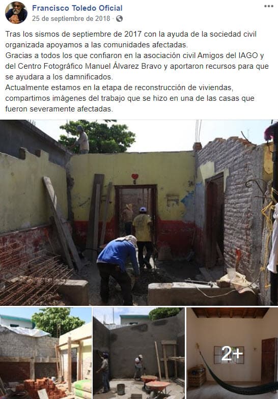 Desde el año 2017 se enfocó a ayudar a las personas que perdieron su patrimonio debido a los terremotos que devastaron a Oaxaca en septiembre de ese año.