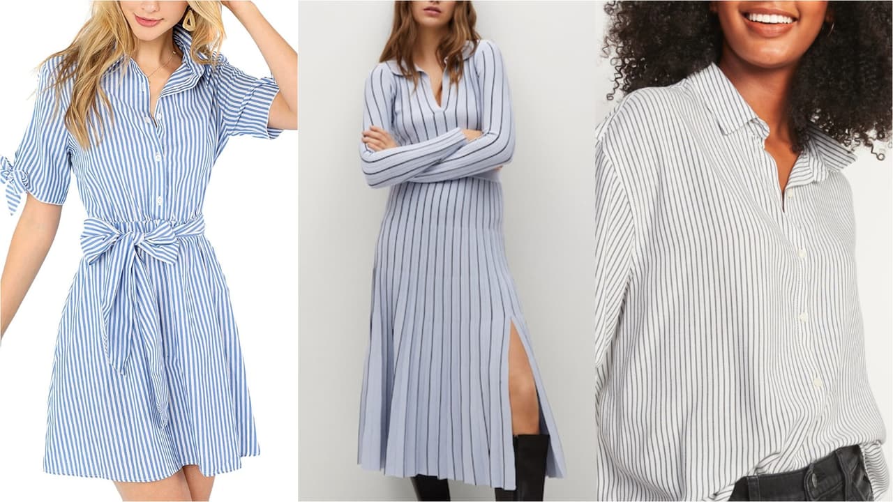 <b>2. Rayas verticales </b>
<br>
<a href="https://www.amazon.com/-/es/Vestido-camisero-cintur%C3%B3n-botones-Classic/dp/B0874F6QT6/ref=sr_1_41?dchild=1&keywords=Vertical%2BStriped%2BDress&language=en_US&qid=1615229599&sr=8-41&th=1&psc=1" target="_blank">Vestido camisero</a> con cinturón de Romwe en Amazon. Precio: desde $25.99
<br>
<a href="https://oldnavy.gap.com/browse/product.do?pid=6137990020003&pcid=999&vid=1&searchText=women%20striped%20shirt&ak_t=36F91B0C2968D7C340E40E53916C19FDA5FE9B8F78060000CF3B496046873176#pdp-page-content" target="_blank">Camisa oversize de rayas</a> para mujer de Old Navy. Precio: $24.97
<br>
<a href="https://shop.mango.com/us/women/t-shirts-and-tops/striped-polo-shirt-with-pleat-detail_87054017.html?c=52" target="_blank">Camiseta polo</a> y
<a href="https://shop.mango.com/us/women/skirts/stripes-pleated-skirt_87064017.html" target="_blank">falda tableada</a> a rayas de Mango. Precio: $59.99 y $79.99
<br>
<br>El viejísimo truco de las rayas verticales no falla. Puedes elegir desde vestidos camiseros, conjuntos de dos piezas o camisas masculinas.