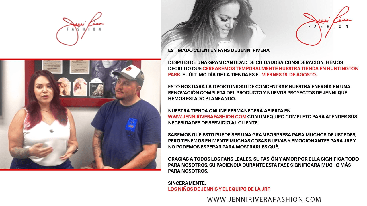 La CEO de Jenni Rivera Enterprises explicó que será un "cierre temporal", pues preparan "una renovación completa del producto y nuevos proyectos". Sin embargo, los artículos se podrán adquirir a través de la página oficial.
<br>