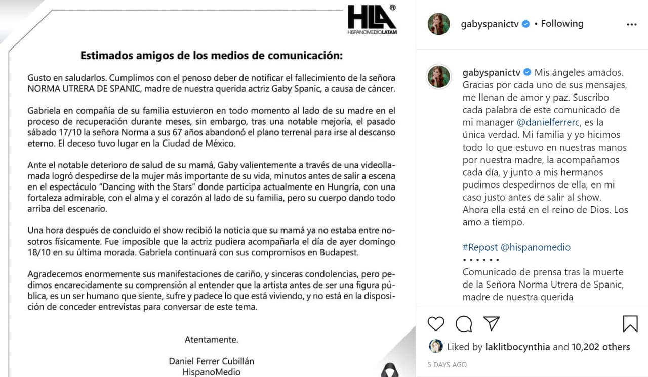 El pasado martes 20 de octubre, en
<b><a href="https://www.instagram.com/p/CGifU6hlSye/" target="_blank"> un comunicado </a></b>que compartió en Instagram, la actriz contó que pudo despedirse de su madre en una llamada tan solo una hora antes de iniciar las grabaciones del show en Hungría. 
<br>