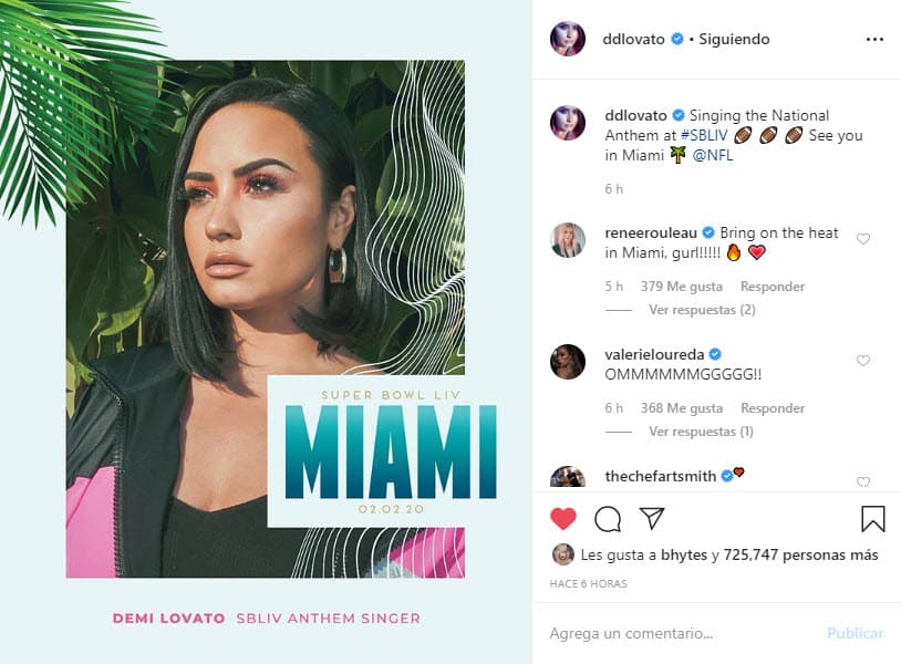 "Cantando el himno nacional en el Super Bowl LIV. 
<b>Nos vemos en Miami</b>. NFL", se lee en la publicación de Lovato.