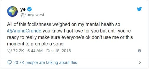 "Toda esta tontería pesó en mi salud mental por lo que Ariana Grande, sabes que tengo amor por ti, pero hasta que estés lista para asegurarte de que todo el mundo está bien, no me uses ni uses este momento para promocionar una canción", escribió el rapero.
<br>