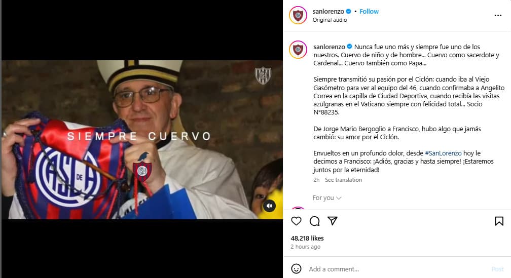 El mensaje del club argentino de fútbol San Lorenzo tras conocer la muerte del papa Francisco, eterno 'cuervo', como se le conoce a sus seguidores.