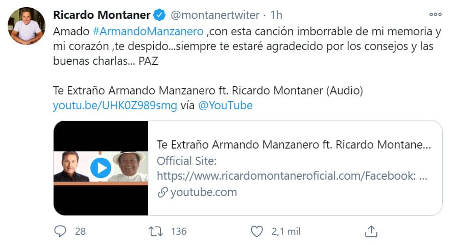 Junto con el tema a dueto que realizaron, Montaner escribió un emotivo mensaje de despedida: "Amado Armando Manzanero, con esta canción imborrable de mi memoria y mi corazón, me despido... siempre te estaré agradecido por los consejos y las buenas charlas... PAZ".