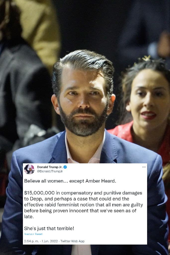 <b>Donald Trump Jr.</b> también compartió su postura en contra de la actriz: "Créanle a todas las mujeres… excepto a Amber Heard. $15,000,000 en daños punitivos y compensatorios a Depp, y tal vez un caso que podría terminar con la noción feminista rabiosa efectiva de que todos los hombres son culpables antes de que se demuestre su inocencia que hemos visto últimamente. ¡Ella es así de terrible!".
<br>