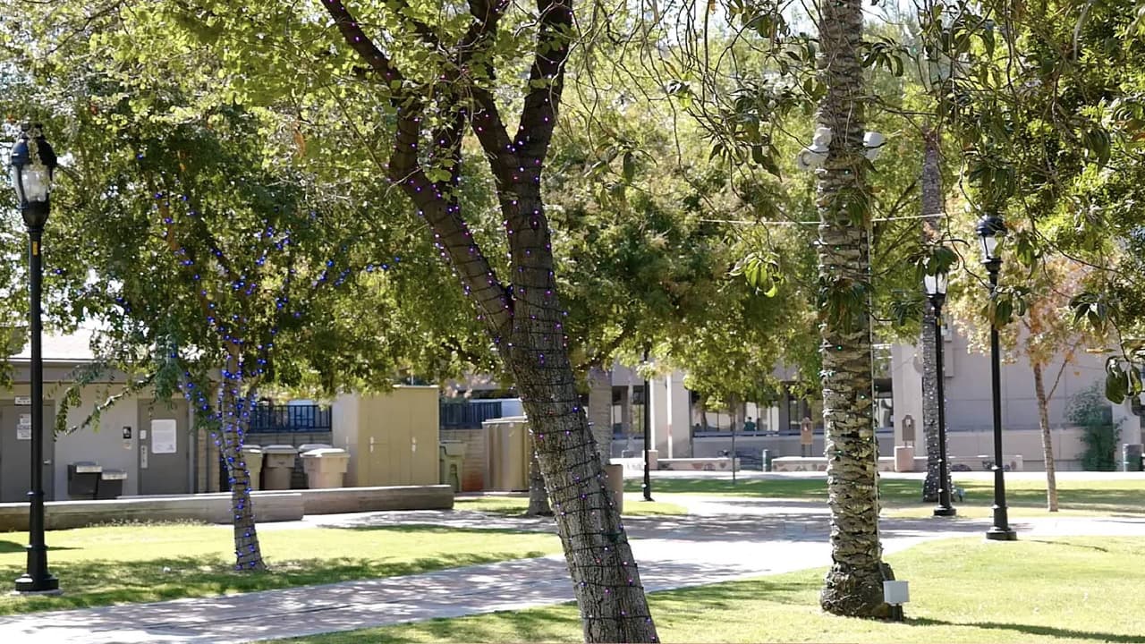 En esta temporada calurosa de otoño, esta ciudad al oeste del valle está colgando las luces navideñas para que alumbren las calles de noche. 
<br>