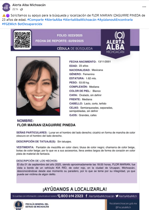 La Fiscalía General del Estado de Michoacán emitió una alerta por la desaparición de Marian Izaguirre.