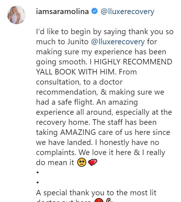 En su cuenta de Instagram, publicó este miércoles 28 de abril un video de la clínica con un mensaje de agradecimiento a los doctores que la atendieron: "Me gustaría comenzar agradeciendo mucho a Junito por asegurarse de 
<b><a href="https://www.instagram.com/p/COMWAJbhwuQ/" target="_blank">que mi experiencia haya sido fluida</a></b> [...] el personal nos ha estado cuidando increíblemente desde que aterrizamos". 
<br>