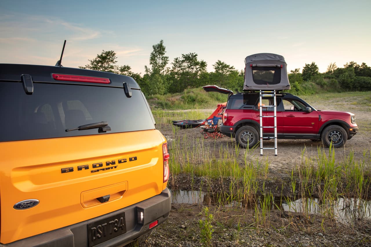 The all-new Bronco Sport offers an available overlanding-ready roof rack with capacity to make roof-top tent camping easy. (Pre-production model pictured.)
