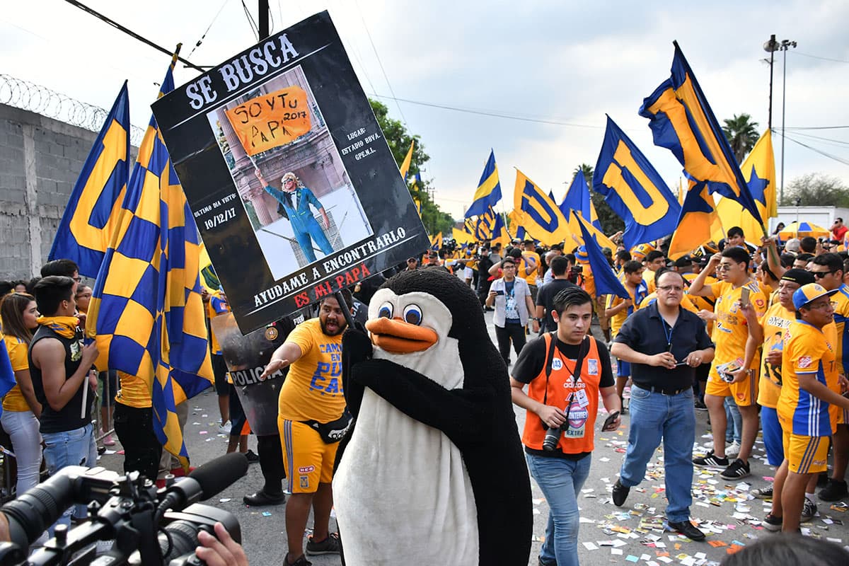 Un pingüino buscando a su padre en medio de la afición de Tigres.