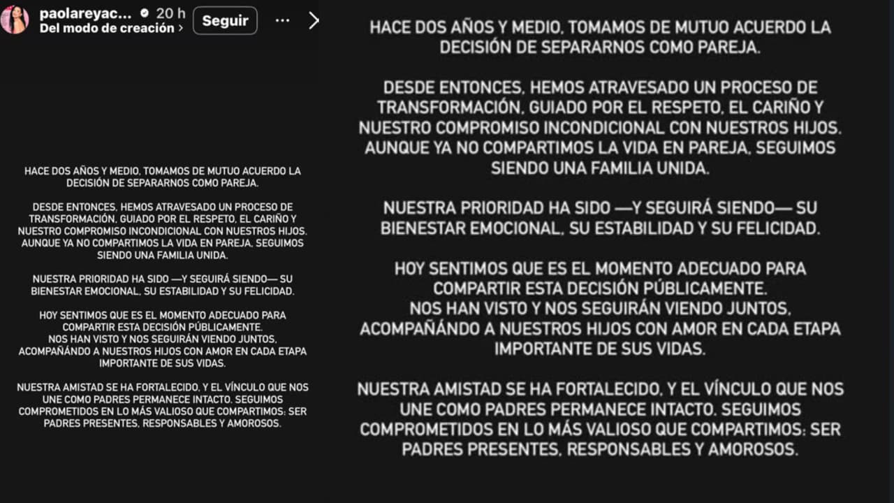 Este es el comunicado con el que Paola Rey dio a conocer en Instagram su separación de Juan Carlos Vargas.