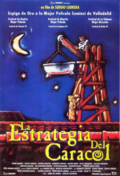 <b>La estrategia del caracol</b>
<br>(1993) Colombia
<br>
<b>Director: </b>Sergio Cabrera
<br>
<b>Reparto:</b> 
<a href="http://www.imdb.com/name/nm0127814?ref_=tt_ov_st_sm">Fausto Cabrera</a>, 
<a href="http://www.imdb.com/name/nm0709236?ref_=tt_ov_st_sm">Frank Ramírez</a>, 
<a href="http://www.imdb.com/name/nm0346766?ref_=tt_ov_st_sm">Delfina Guido</a>
<br>Los ocupantes de un edificio viven tranquilamente hasta que su dueño toma la decisión de echarles. Juntos tienen que idear una manera de quedarse en el inmueble y no perder su hogar. El guión de la película llevaba tiempo escrito pero no se decidían a rodarlo, hasta que Gabriel García Márquez lo leyó y animó a Sergio Cabrera a que realizara el film.