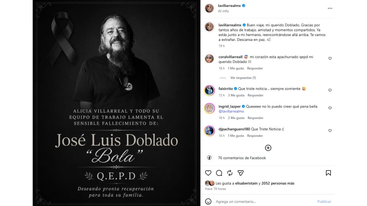 Alicia Villarreal así se despidió de José Luis Doblado 'Bola'.