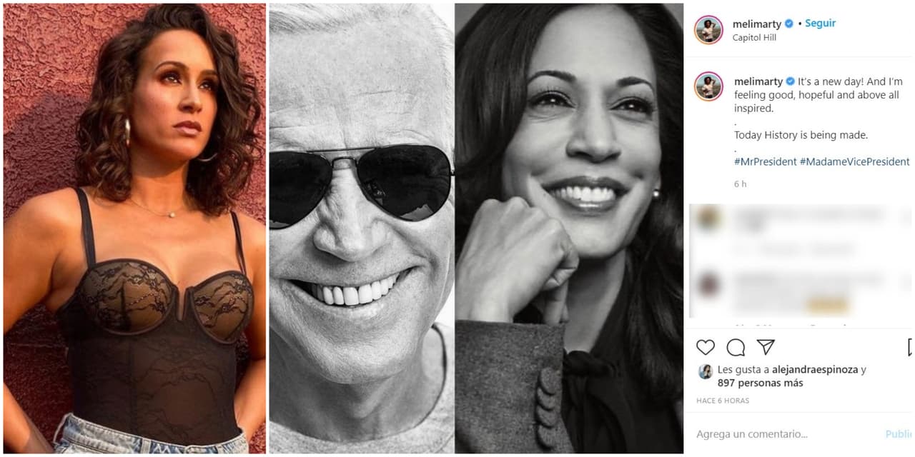 <b>Melissa Marty</b>, exreina de Nuestra Belleza Latina, también compartió su felicidad con esta publicación donde aparecen Biden y Harris: "¡Es un nuevo día! y me siento bien, esperanzada y sobre todo inspirada. Hoy se está haciendo historia".
<br>