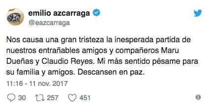 El expresidente de Televisa, Emilio Azcárraga, dedicó unas palabras a los deudos de Maru y Reyes Rubio.
