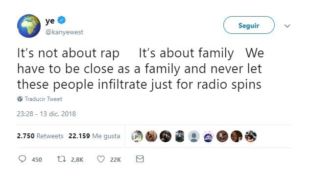 “No se trata del rap. Es sobre la familia. Tenemos que ser cercanos como familia y nunca dejar que esta gente se infiltre solo para sonar en la radio”.
<br>